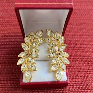 Vintage 90’s Rhinestone & Gold Tone Metal KJL Leaf Earrings